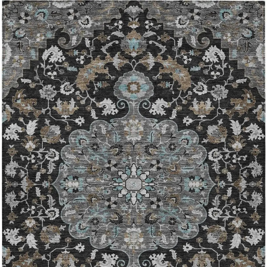 10' X 14' Black And Gray Floral Medallion Washable Indoor Outdoor Area Rug Homeroots Outdoor