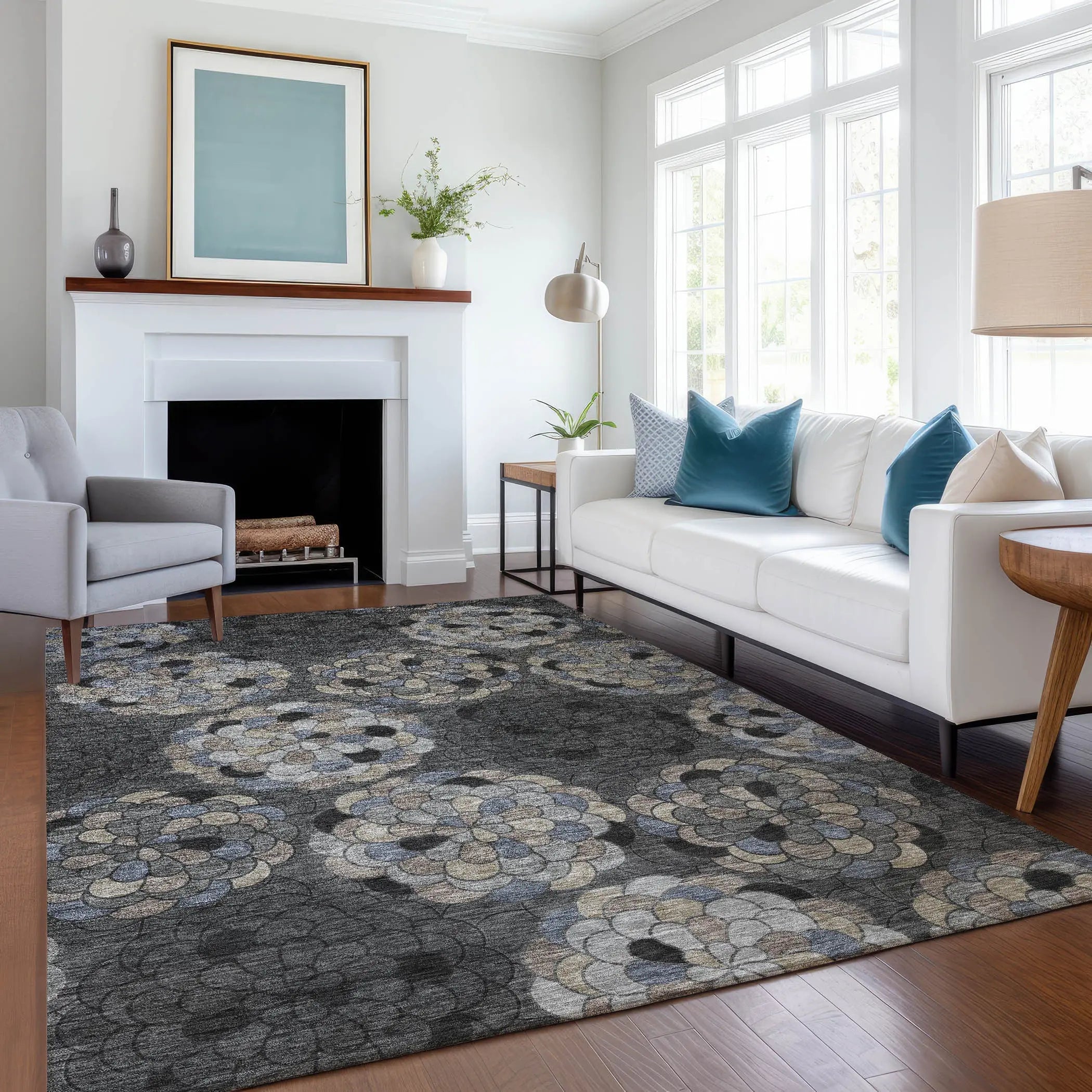 10' X 14' Black And Gray Floral Washable Indoor Outdoor Area Rug Homeroots Outdoor