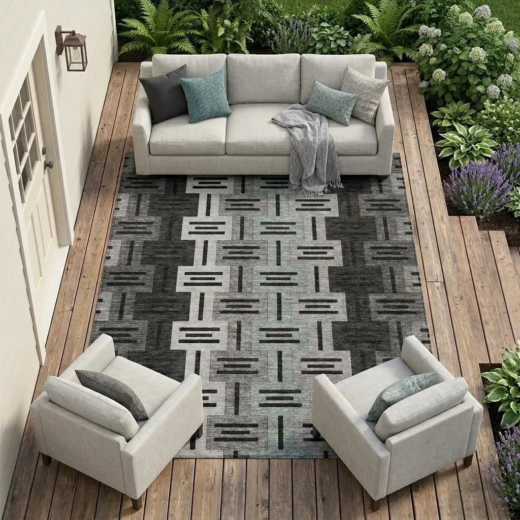 10' X 14' Black And Gray Geometric Washable Indoor Outdoor Area Rug Homeroots Outdoor