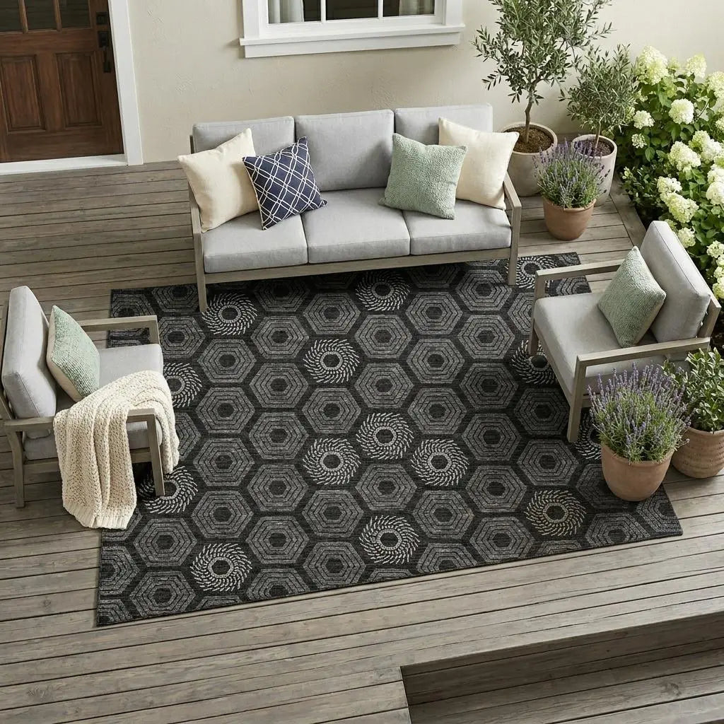 10' X 14' Black And Gray Geometric Washable Indoor Outdoor Area Rug Homeroots Outdoor