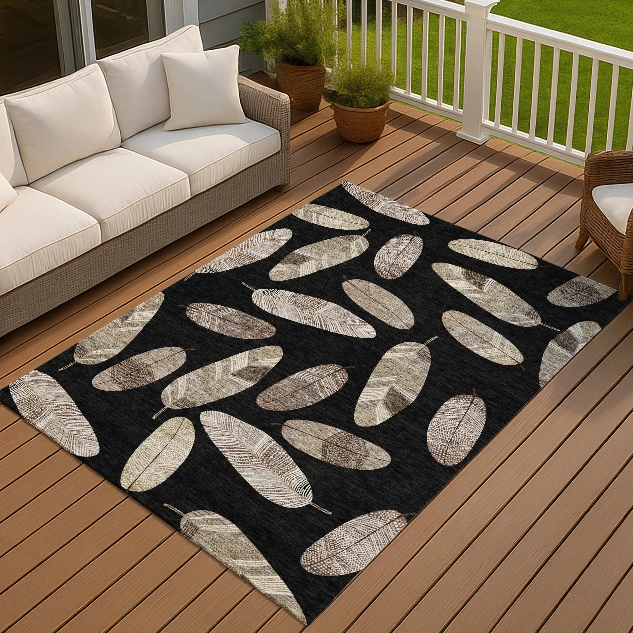10' X 14' Black And Green Botanical Leaves Washable Indoor Outdoor Area Rug Homeroots Outdoor
