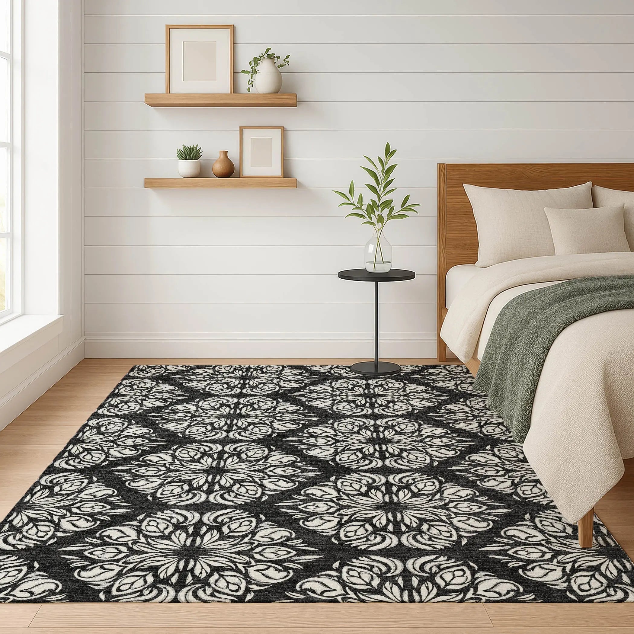 10' X 14' Black And Ivory Damask Washable Indoor Outdoor Area Rug Homeroots Outdoor