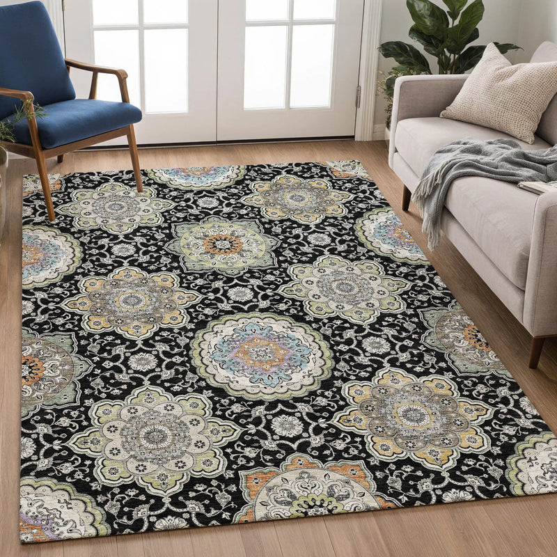 10' X 14' Black And Ivory Floral Medallion Washable Indoor Outdoor Area Rug Homeroots Outdoor