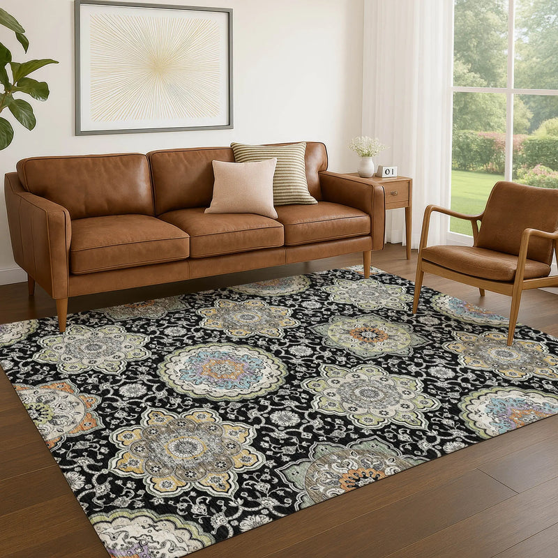 10' X 14' Black And Ivory Floral Medallion Washable Indoor Outdoor Area Rug Homeroots Outdoor