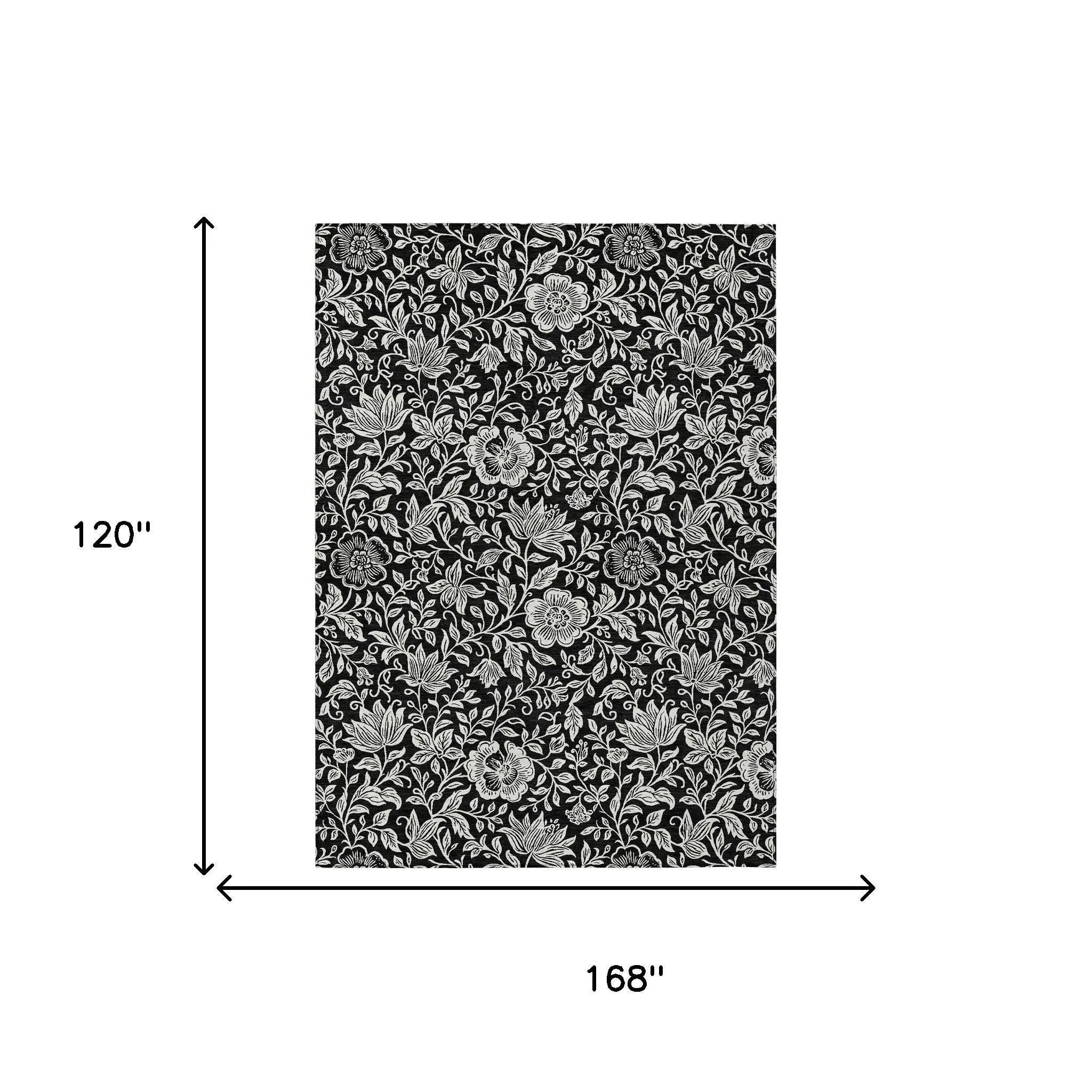 10' X 14' Black And Ivory Floral Washable Indoor Outdoor Area Rug Homeroots Outdoor
