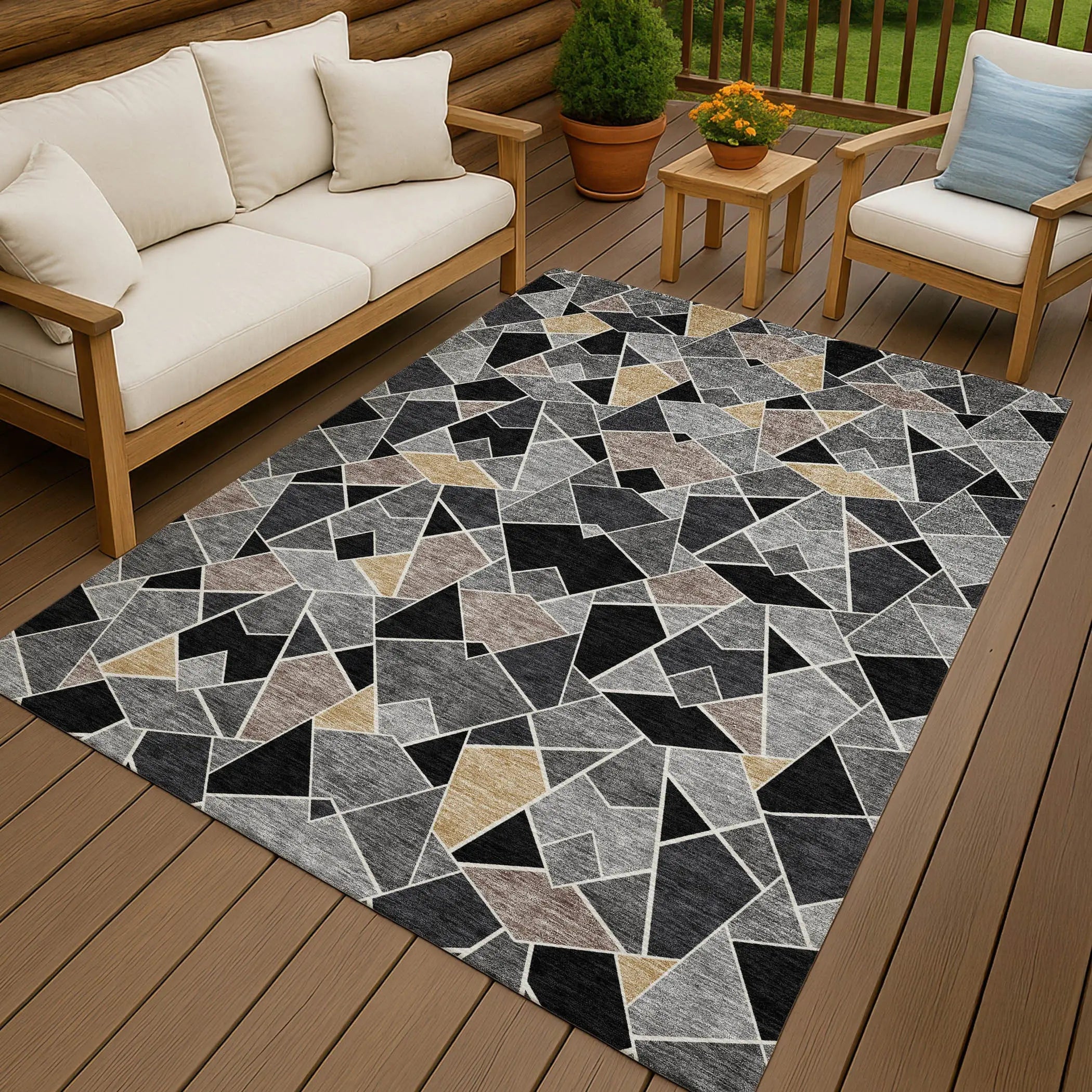 10' X 14' Black And Ivory Geometric Washable Indoor Outdoor Area Rug Homeroots Outdoor