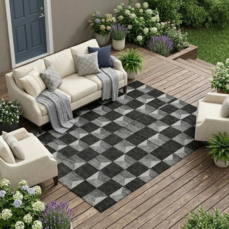 10' X 14' Black And Ivory Geometric Washable Indoor Outdoor Area Rug Homeroots Outdoor