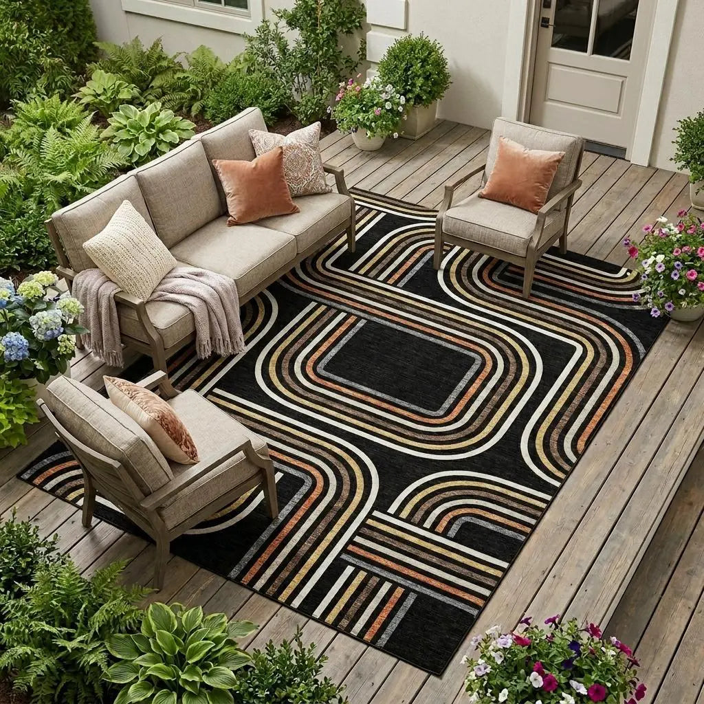 10' X 14' Black And Ivory Geometric Washable Indoor Outdoor Area Rug Homeroots Outdoor