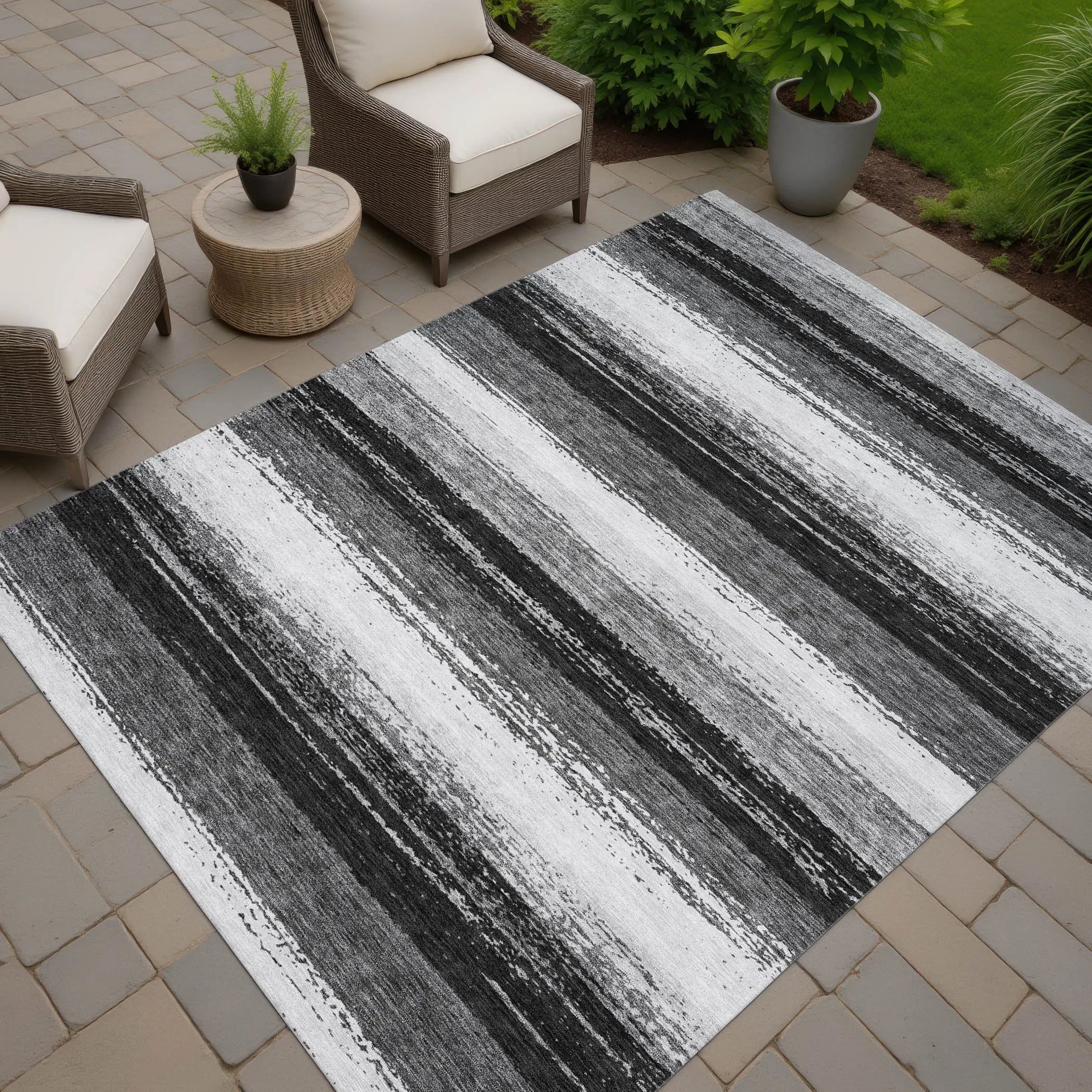 10' X 14' Black And Khaki Striped Washable Indoor Outdoor Area Rug Homeroots Outdoor