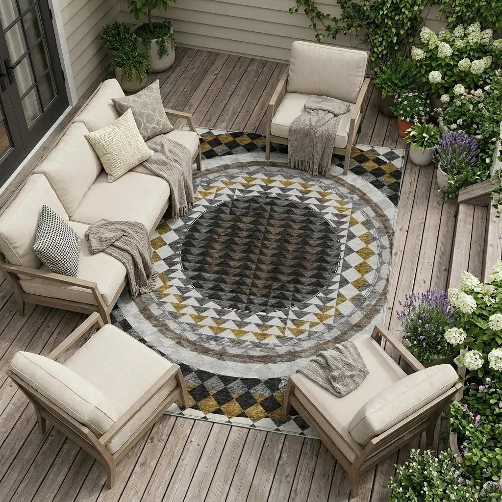 10' X 14' Black And Linen Geometric Washable Indoor Outdoor Area Rug Homeroots Outdoor