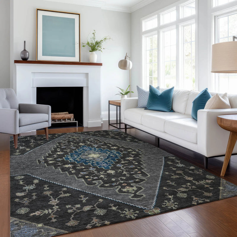 10' X 14' Black And Navy Blue Geometric Washable Indoor Outdoor Area Rug Homeroots Outdoor