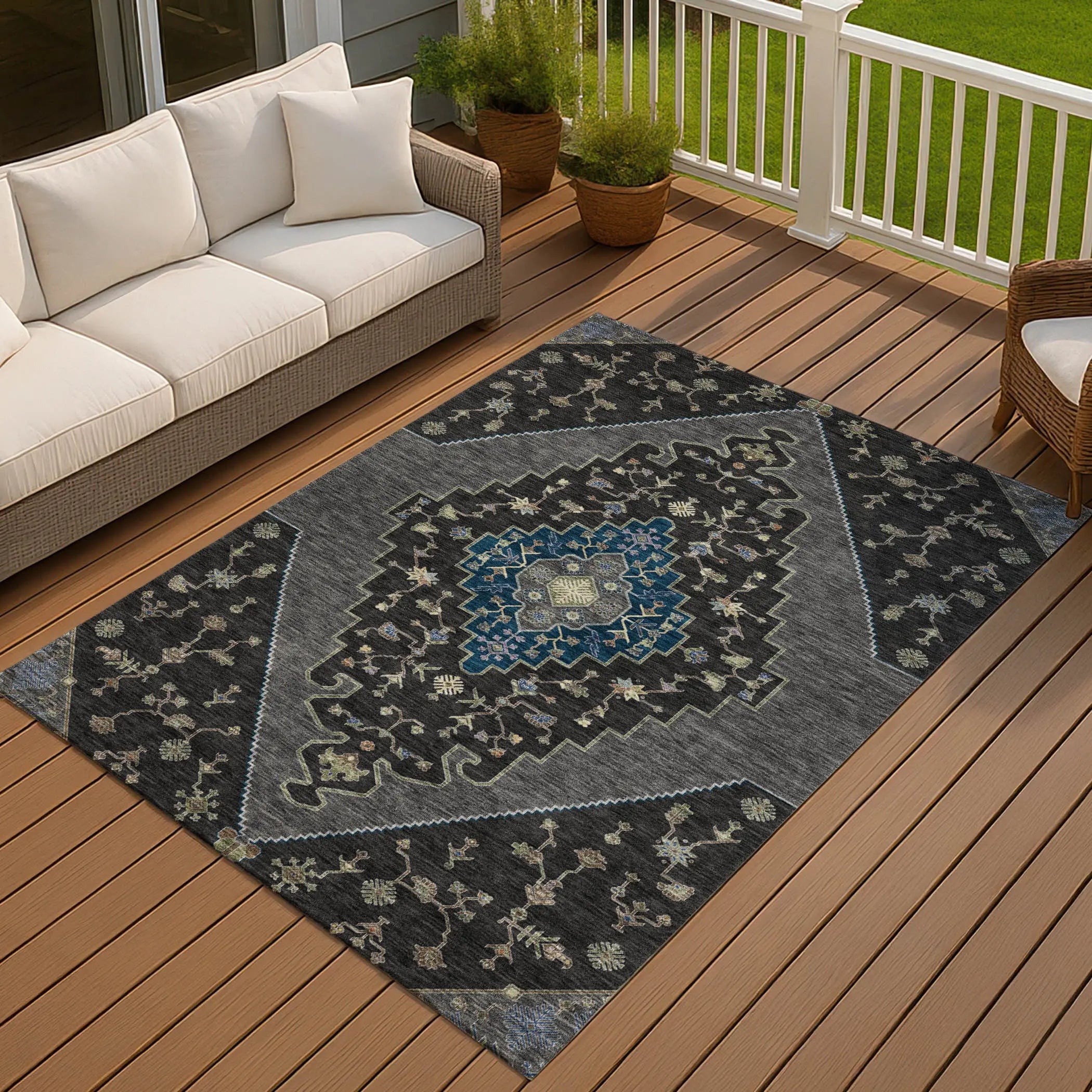 10' X 14' Black And Navy Blue Geometric Washable Indoor Outdoor Area Rug Homeroots Outdoor
