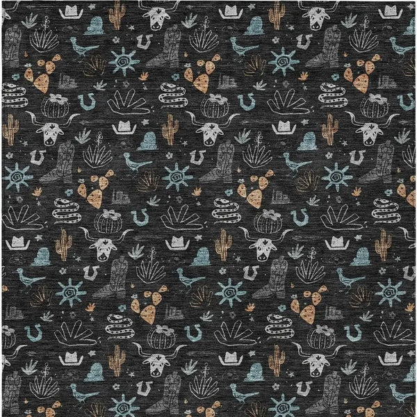 10' X 14' Black And Teal Blue Cactus Washable Indoor Outdoor Area Rug Homeroots Outdoor