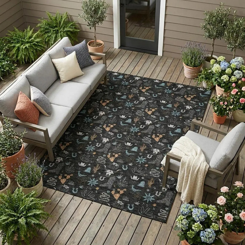 10' X 14' Black And Teal Blue Cactus Washable Indoor Outdoor Area Rug Homeroots Outdoor