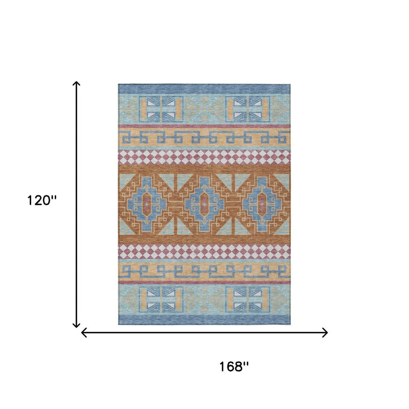 10' X 14' Blue And Aqua Tribal Washable Indoor Outdoor Area Rug Homeroots Outdoor