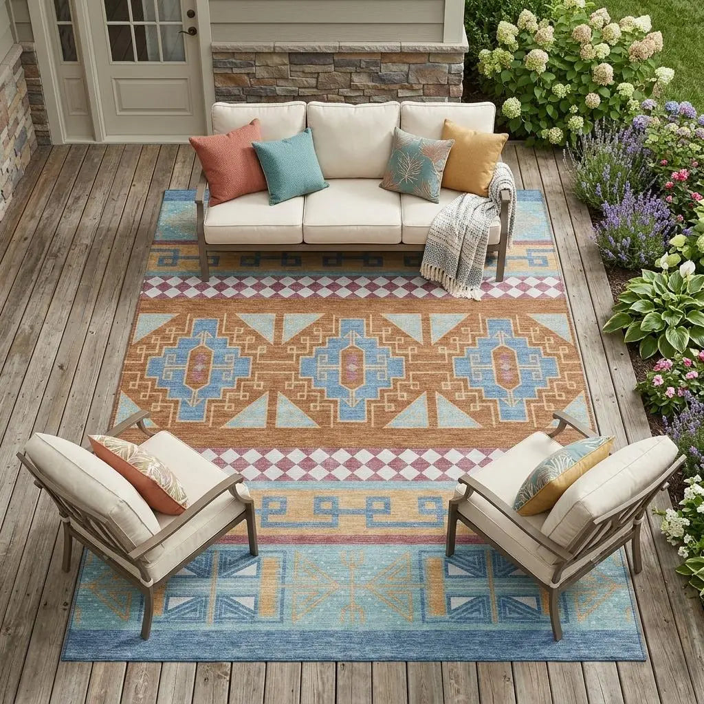 10' X 14' Blue And Aqua Tribal Washable Indoor Outdoor Area Rug Homeroots Outdoor