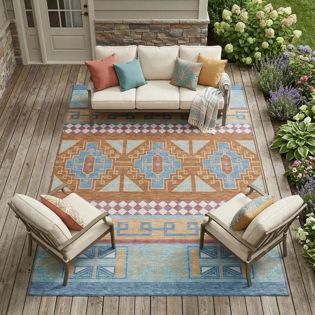 10' X 14' Blue And Aqua Tribal Washable Indoor Outdoor Area Rug Homeroots Outdoor