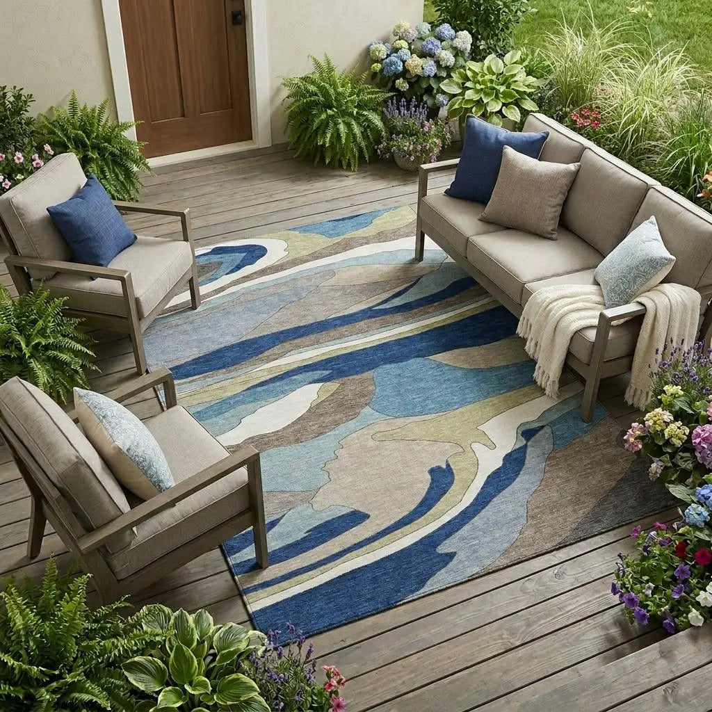 10' X 14' Blue And Beige Abstract Washable Indoor Outdoor Area Rug Homeroots Outdoor