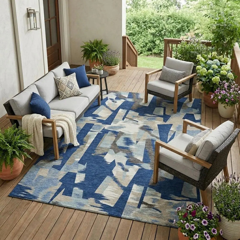 10' X 14' Blue And Beige Abstract Washable Indoor Outdoor Area Rug Homeroots Outdoor