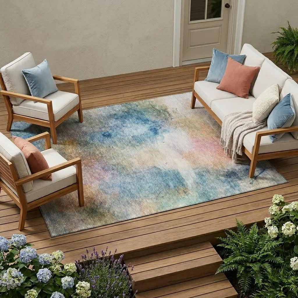 10' X 14' Blue And Beige Abstract Washable Indoor Outdoor Area Rug Homeroots Outdoor