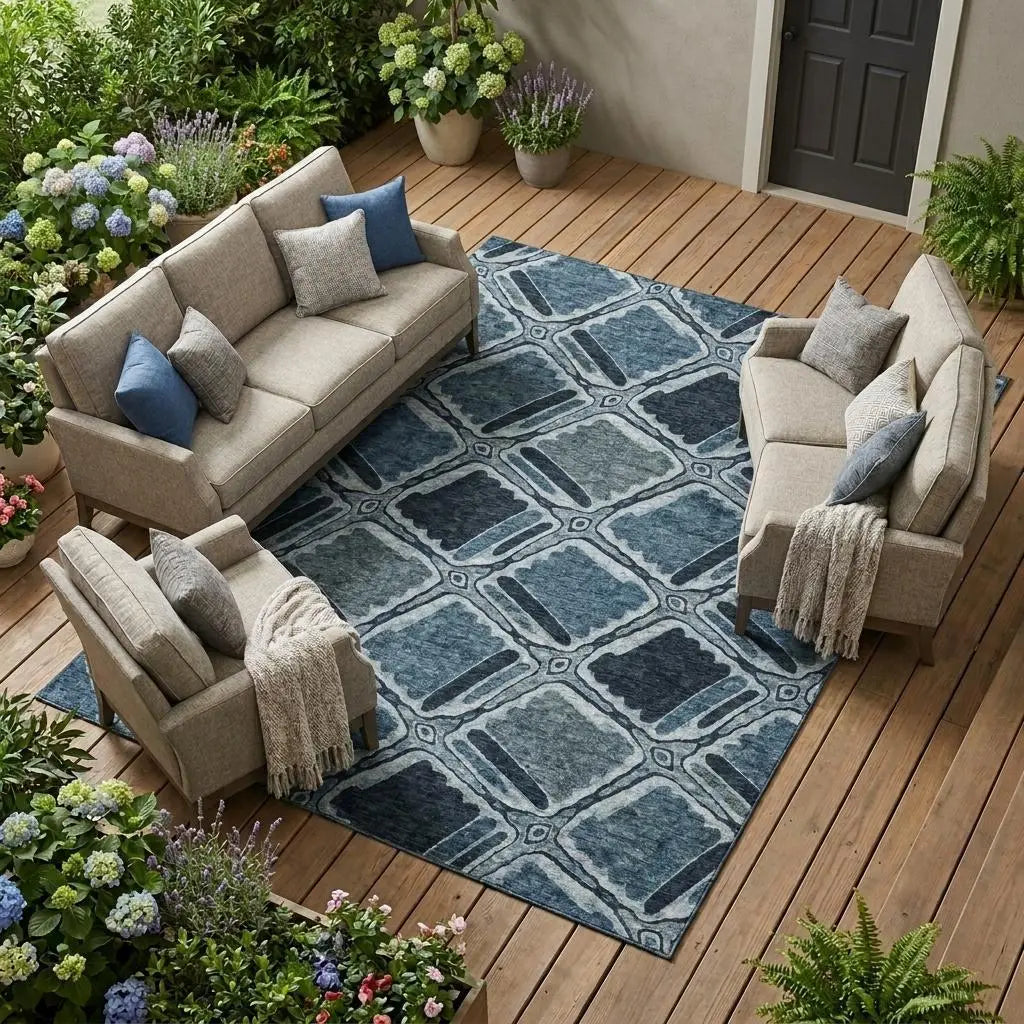 10' X 14' Blue And Graphite Geometric Washable Indoor Outdoor Area Rug Homeroots Outdoor