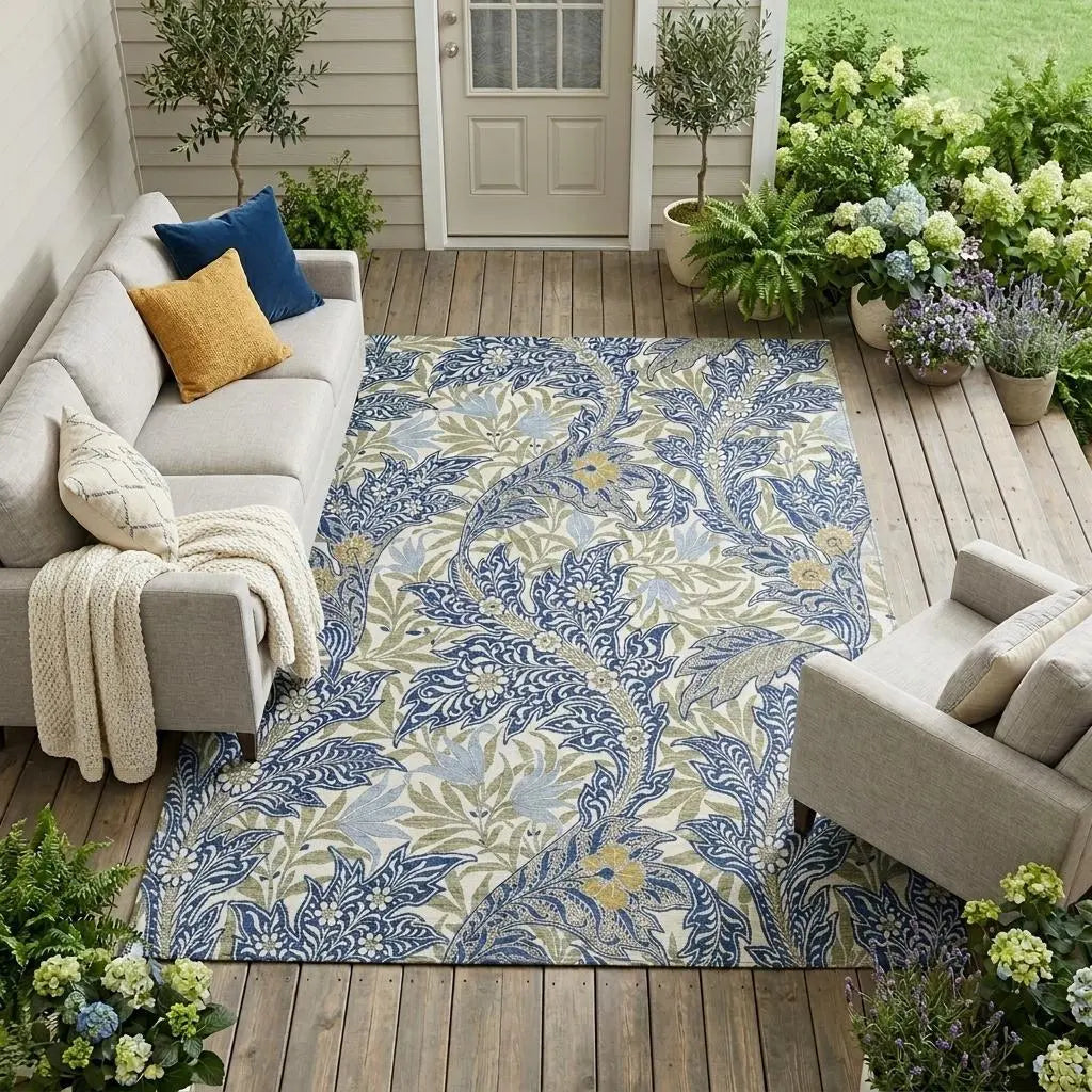 10' X 14' Blue And Gray Botanical Leaves Washable Indoor Outdoor Area Rug Homeroots Outdoor