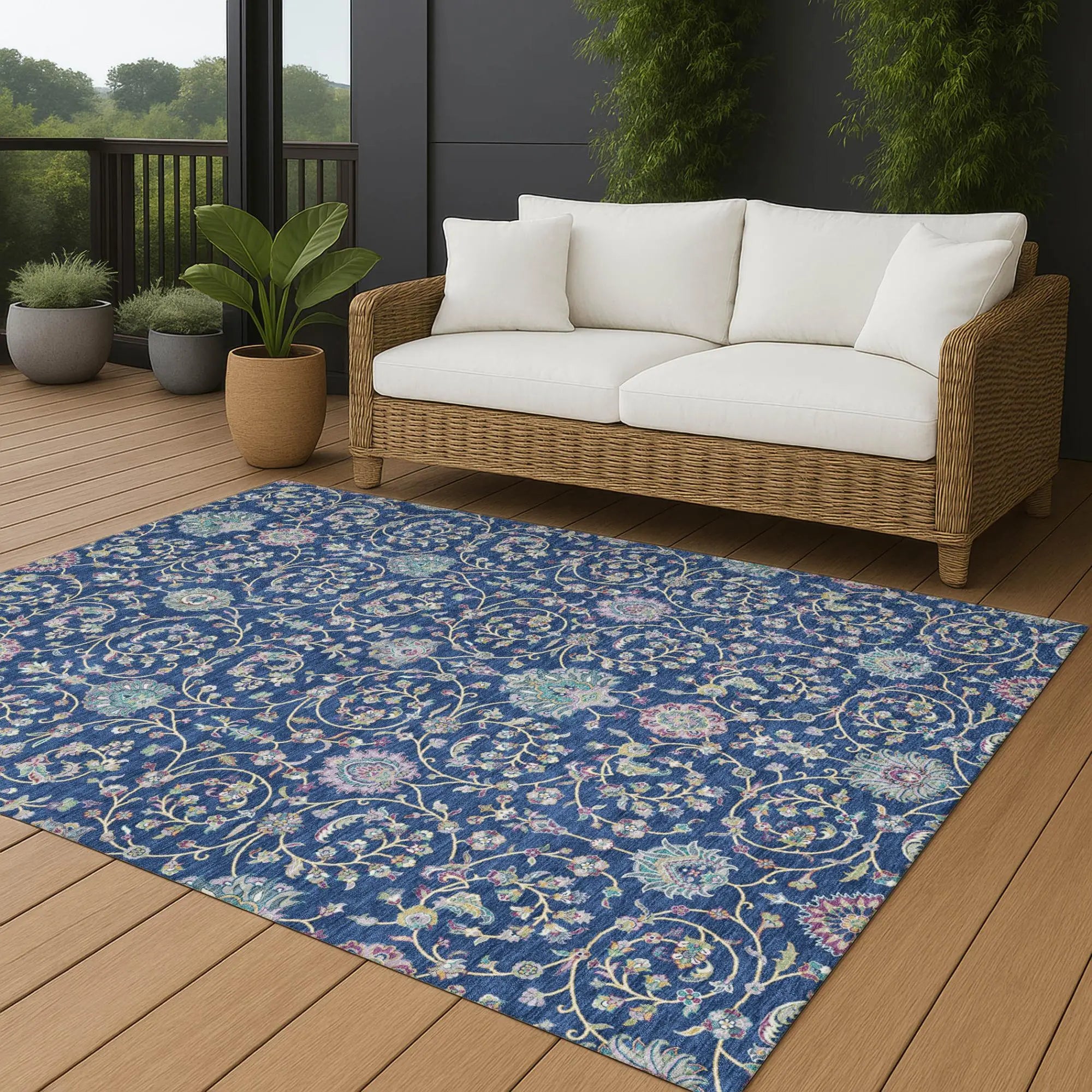 10' X 14' Blue And Gray Floral Washable Indoor Outdoor Area Rug Homeroots Outdoor