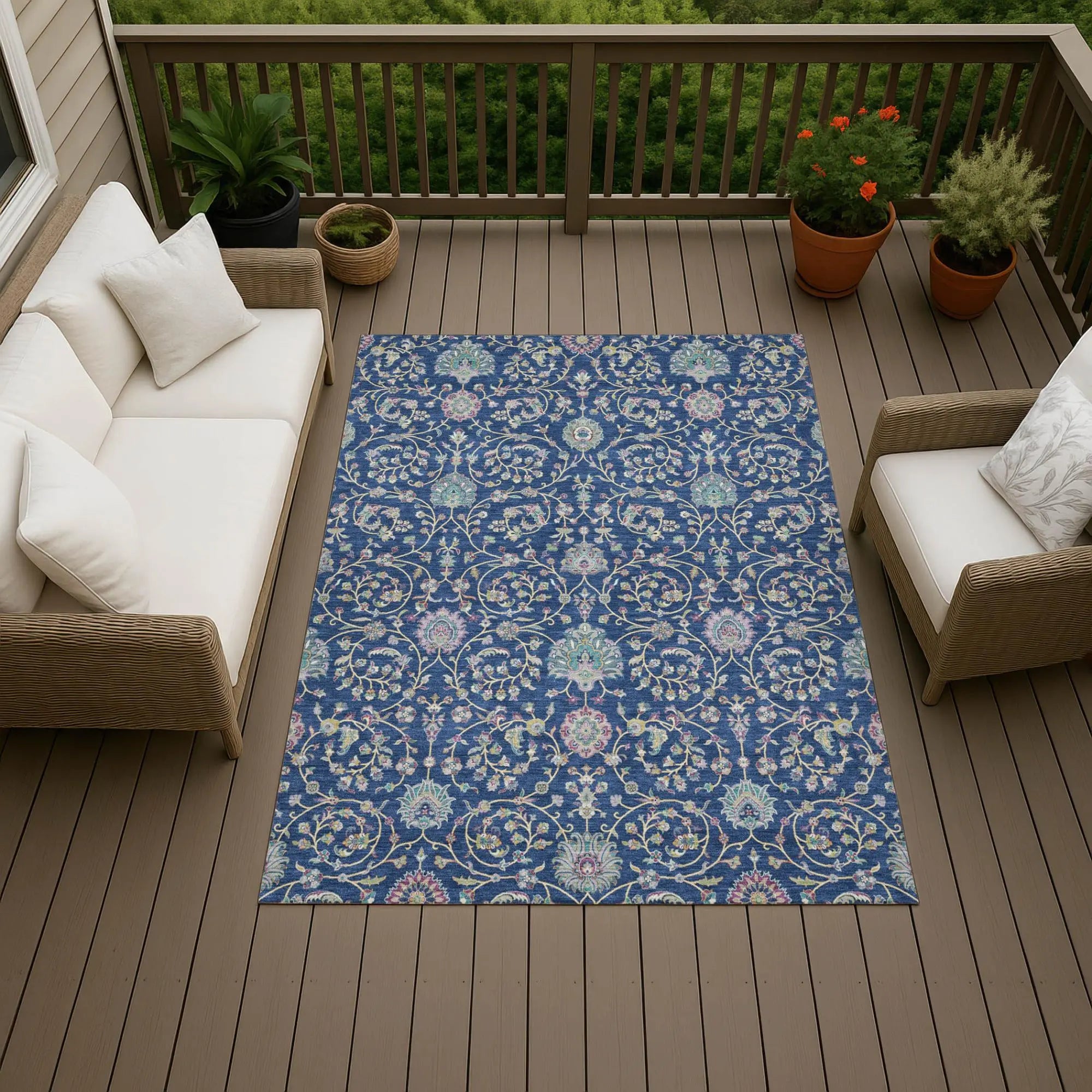 10' X 14' Blue And Gray Floral Washable Indoor Outdoor Area Rug Homeroots Outdoor