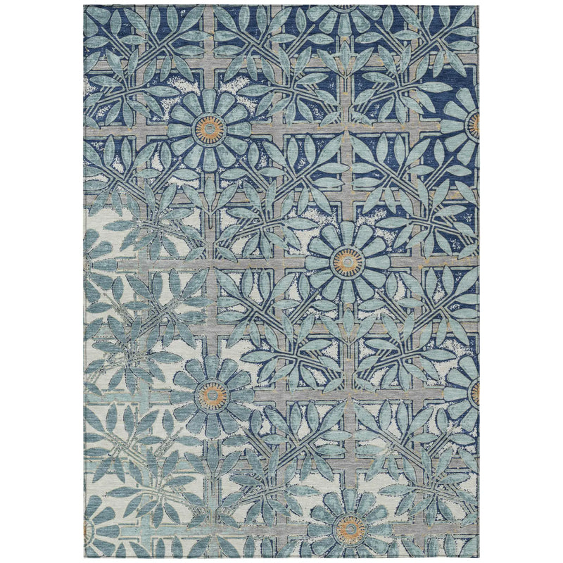 10' X 14' Blue And Gray Floral Washable Indoor Outdoor Area Rug Homeroots Outdoor