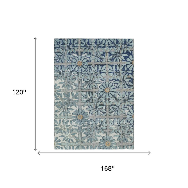 10' X 14' Blue And Gray Floral Washable Indoor Outdoor Area Rug Homeroots Outdoor
