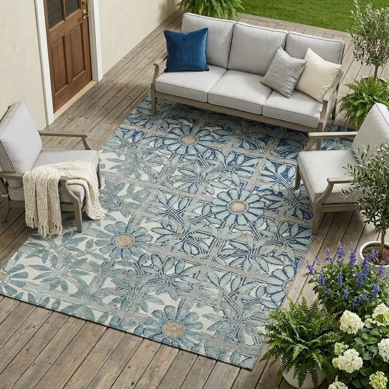 10' X 14' Blue And Gray Floral Washable Indoor Outdoor Area Rug Homeroots Outdoor