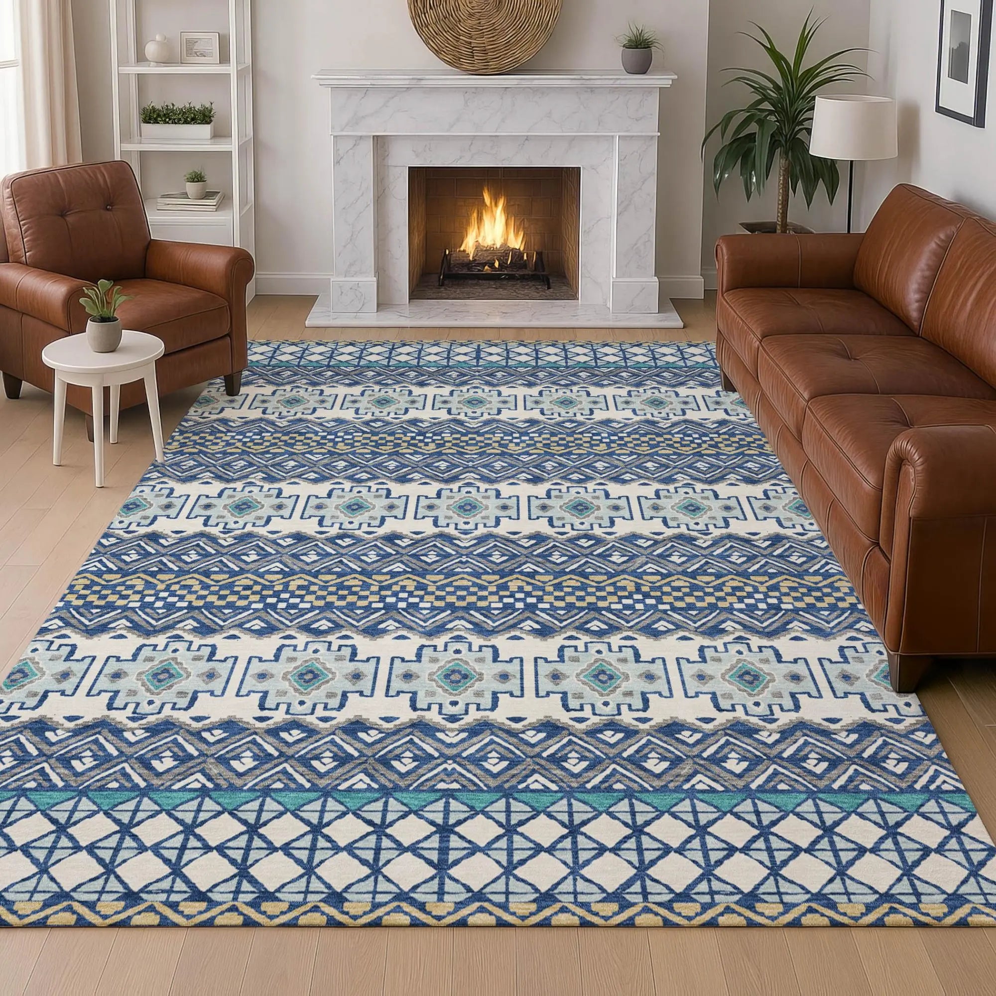 10' X 14' Blue And Gray Striped Washable Indoor Outdoor Area Rug Homeroots Outdoor