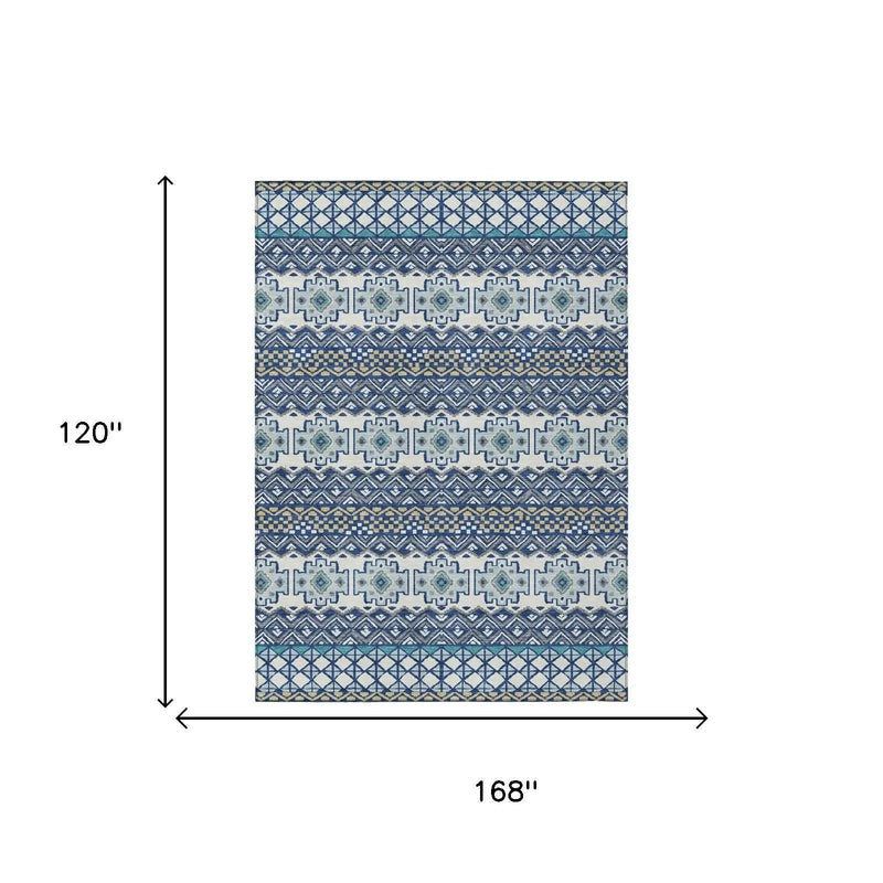 10' X 14' Blue And Gray Striped Washable Indoor Outdoor Area Rug Homeroots Outdoor
