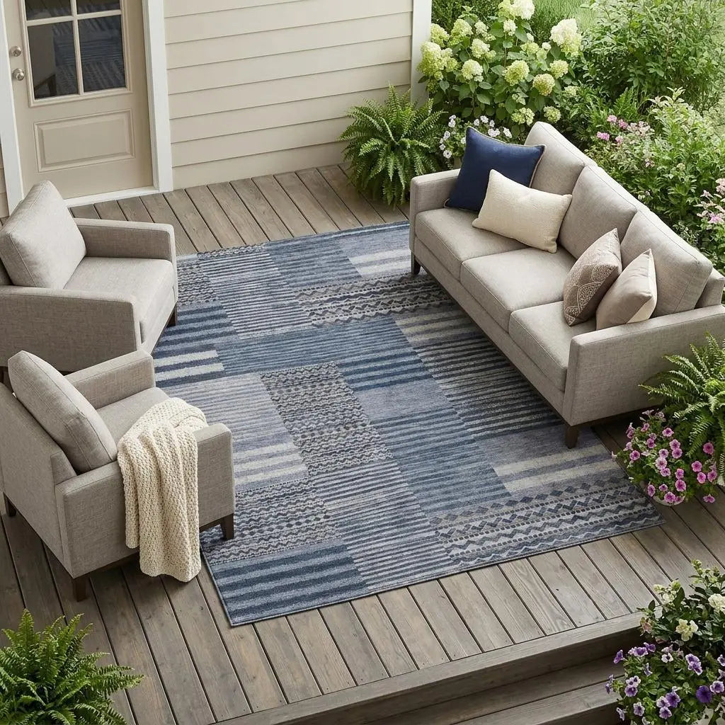 10' X 14' Blue And Gray Striped Washable Indoor Outdoor Area Rug Homeroots Outdoor