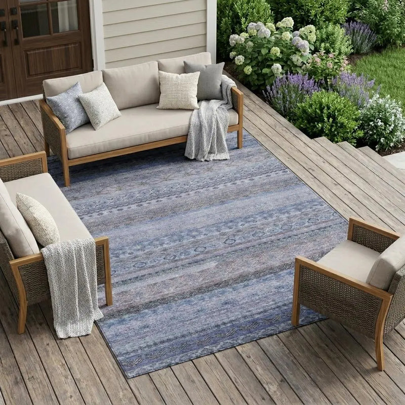 10' X 14' Blue And Lilac Striped Washable Indoor Outdoor Area Rug Homeroots Outdoor