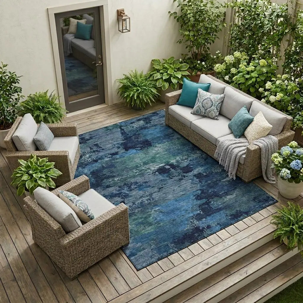 10' X 14' Blue And Navy Blue Abstract Washable Indoor Outdoor Area Rug Homeroots Outdoor
