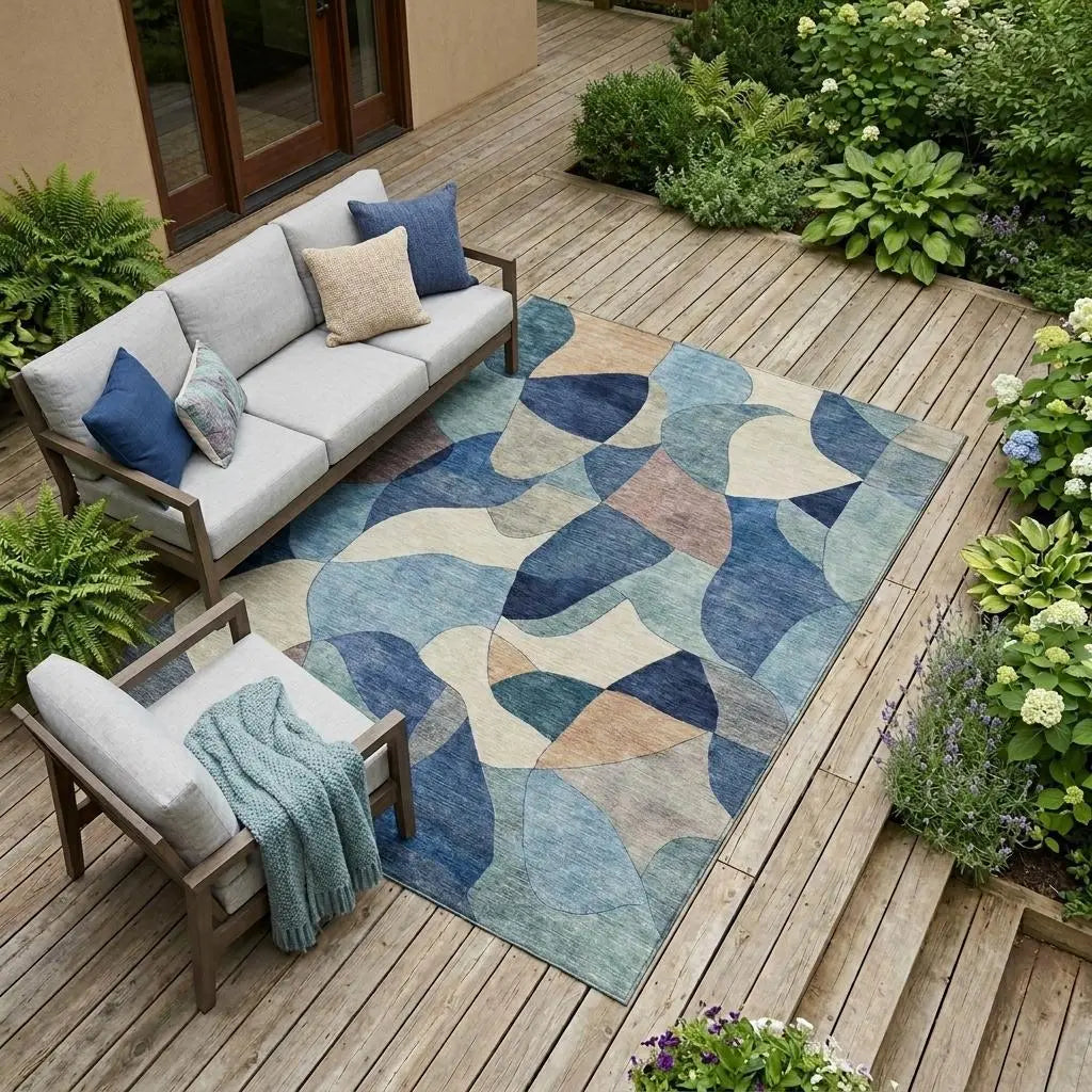 10' X 14' Blue And Navy Blue Abstract Washable Indoor Outdoor Area Rug Homeroots Outdoor