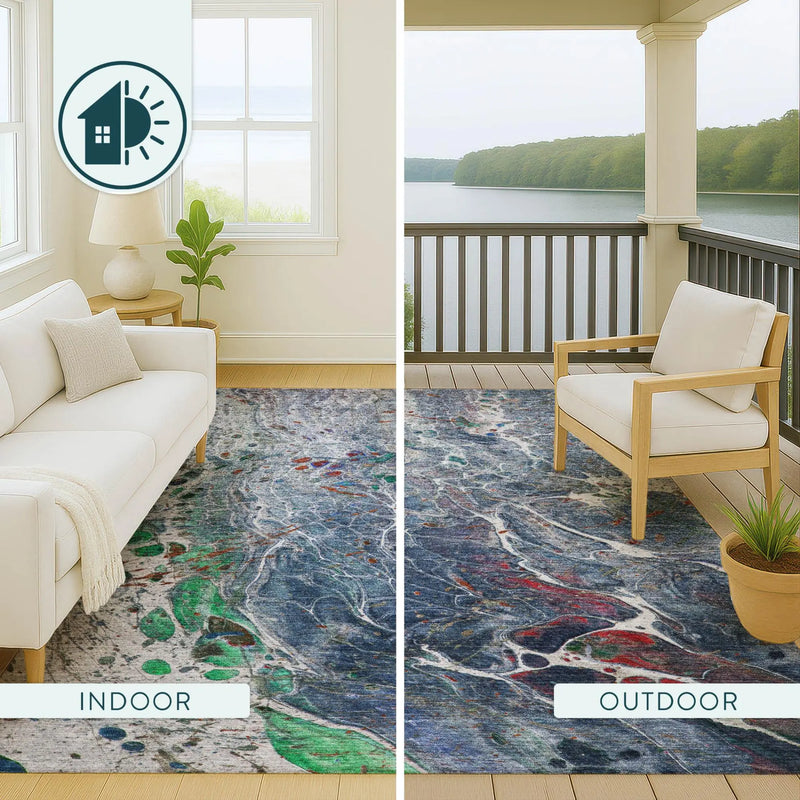 10' X 14' Blue And Pewter Abstract Washable Indoor Outdoor Area Rug Homeroots Outdoor