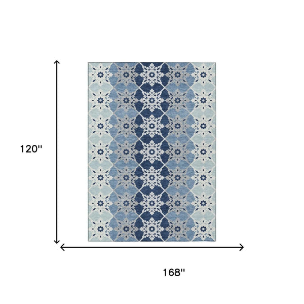10' X 14' Blue And Pewter Floral Medallion Washable Indoor Outdoor Area Rug Homeroots Outdoor