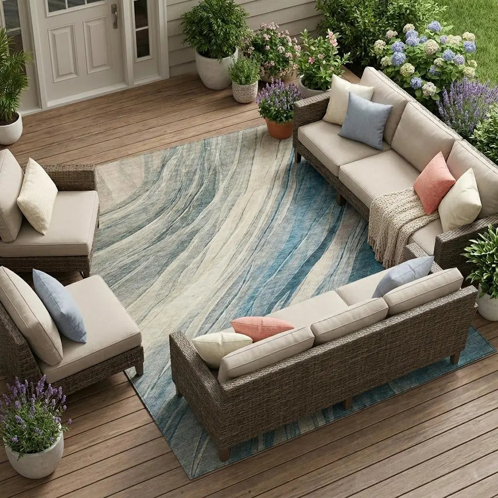 10' X 14' Blue And Silver Abstract Washable Indoor Outdoor Area Rug Homeroots Outdoor