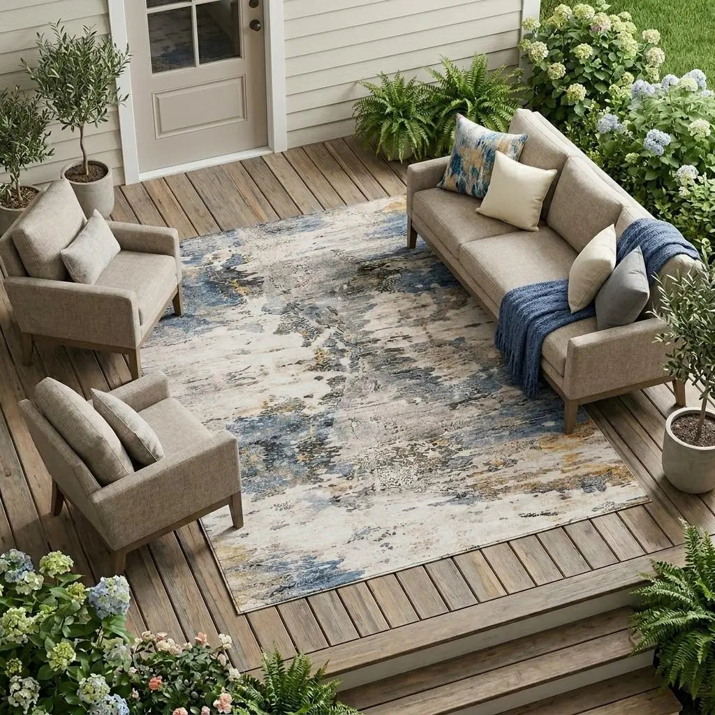 10' X 14' Blue And Silver Abstract Washable Indoor Outdoor Area Rug Homeroots Outdoor