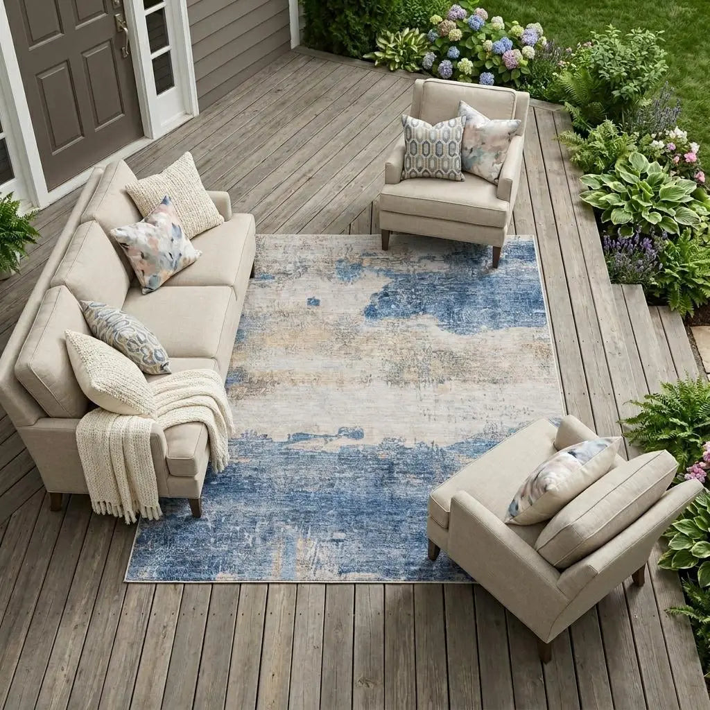 10' X 14' Blue And Silver Abstract Washable Indoor Outdoor Area Rug Homeroots Outdoor