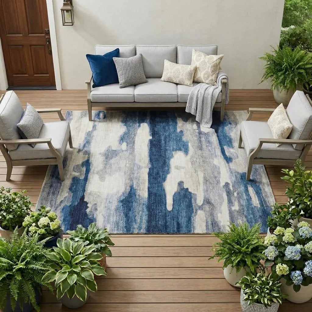 10' X 14' Blue And Silver Abstract Washable Indoor Outdoor Area Rug Homeroots Outdoor