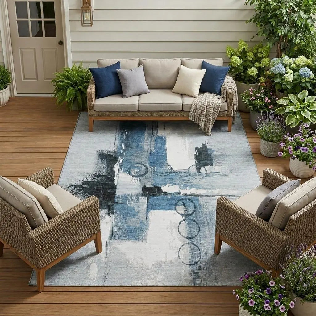10' X 14' Blue And Silver Abstract Washable Indoor Outdoor Area Rug Homeroots Outdoor