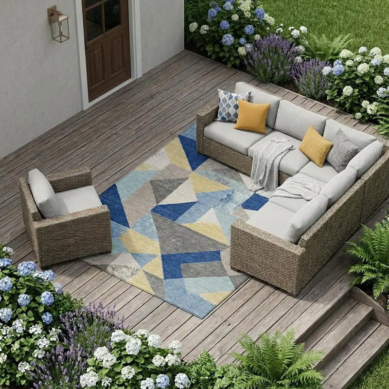 10' X 14' Blue And Silver Geometric Washable Indoor Outdoor Area Rug Homeroots Outdoor