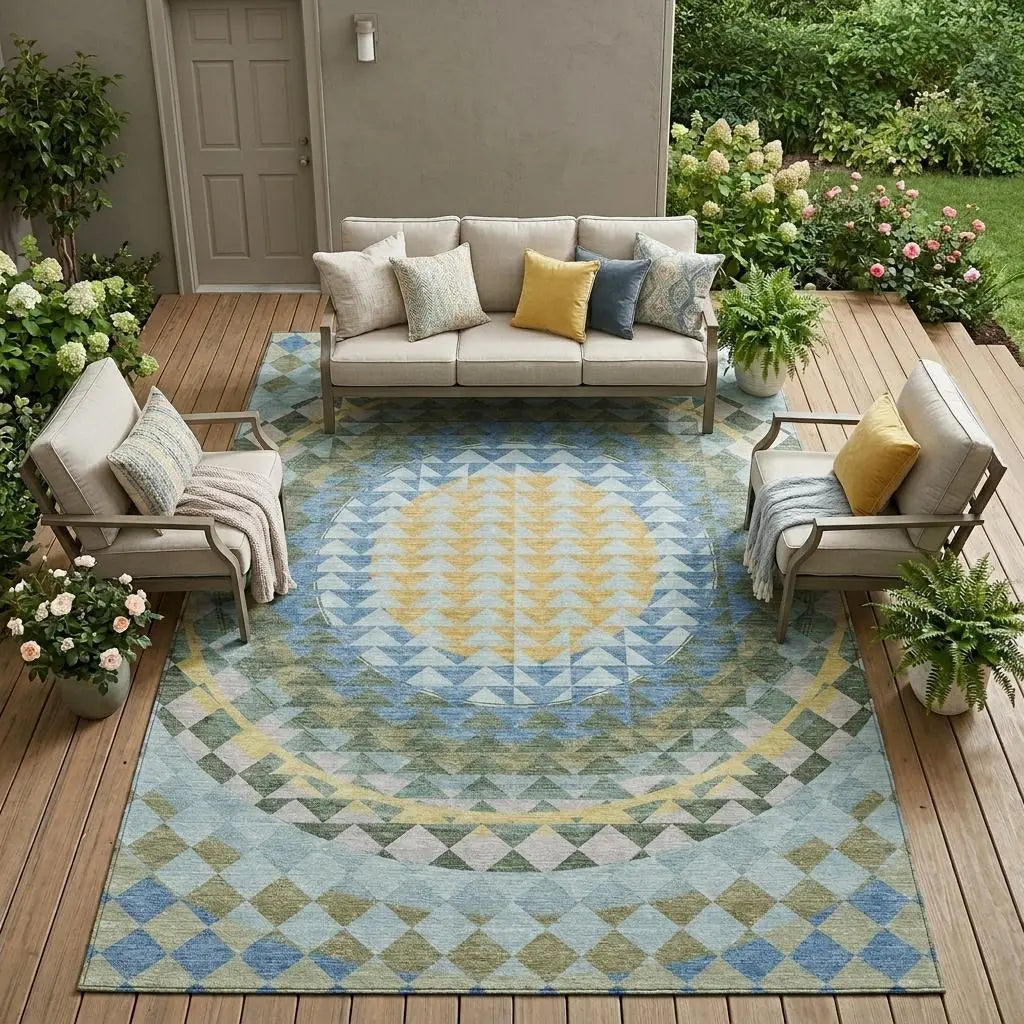 10' X 14' Blue And Silver Geometric Washable Indoor Outdoor Area Rug Homeroots Outdoor