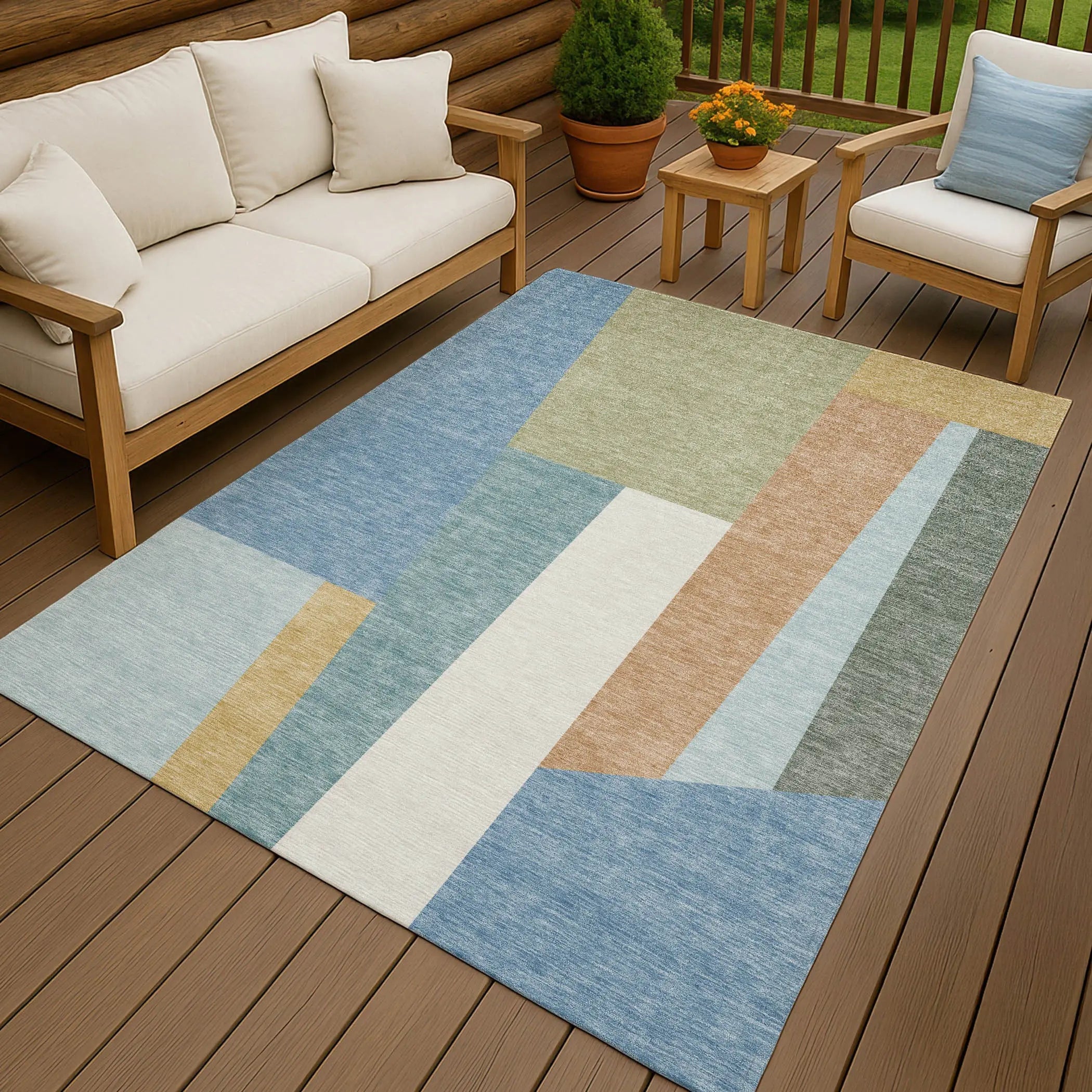 10' X 14' Blue And Teal Blue Geometric Washable Indoor Outdoor Area Rug Homeroots Outdoor