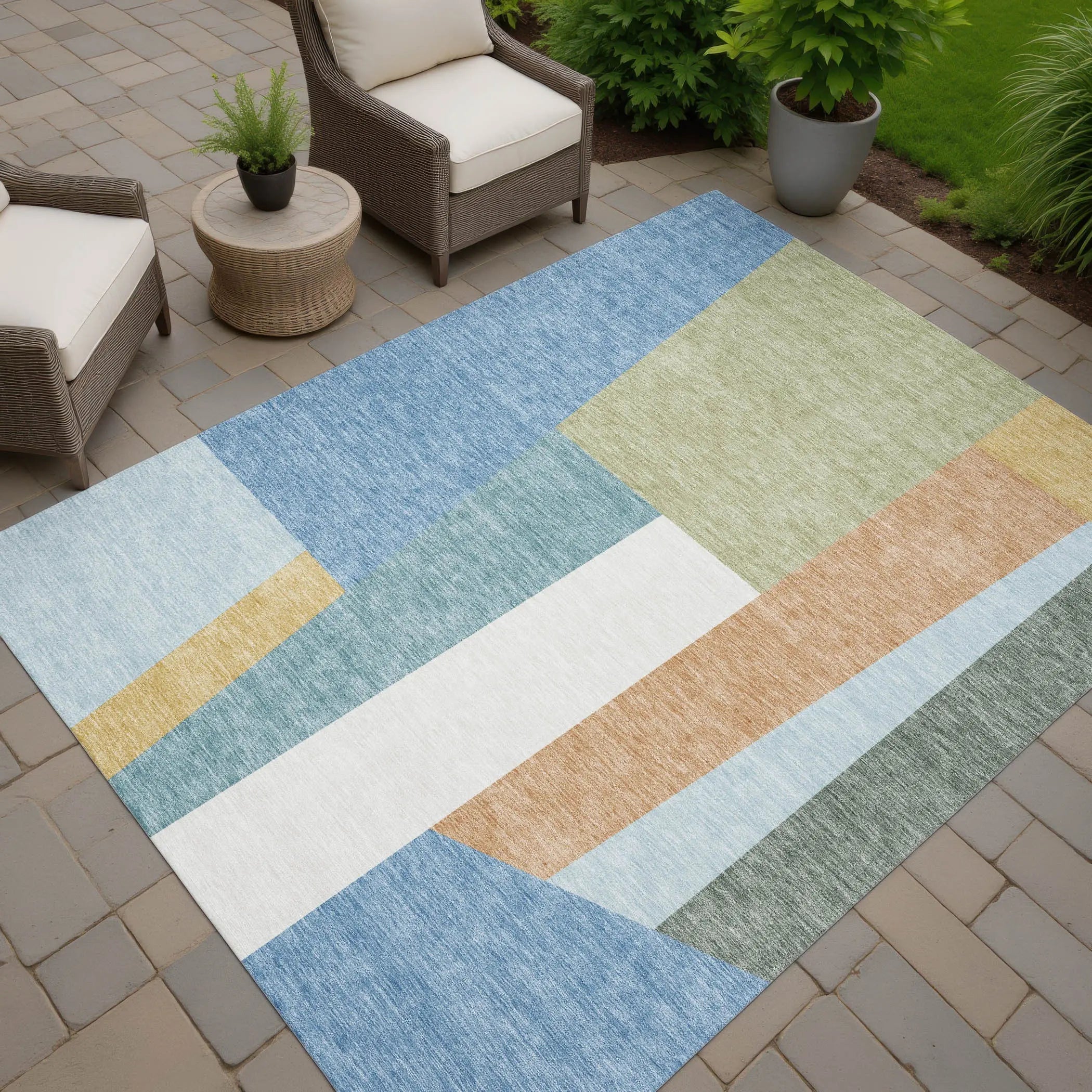 10' X 14' Blue And Teal Blue Geometric Washable Indoor Outdoor Area Rug Homeroots Outdoor