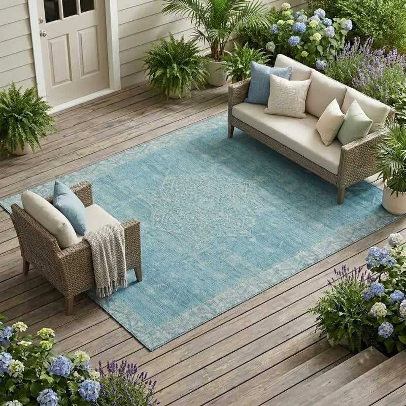 10' X 14' Blue And Teal Blue Tribal Washable Indoor Outdoor Area Rug Homeroots Outdoor