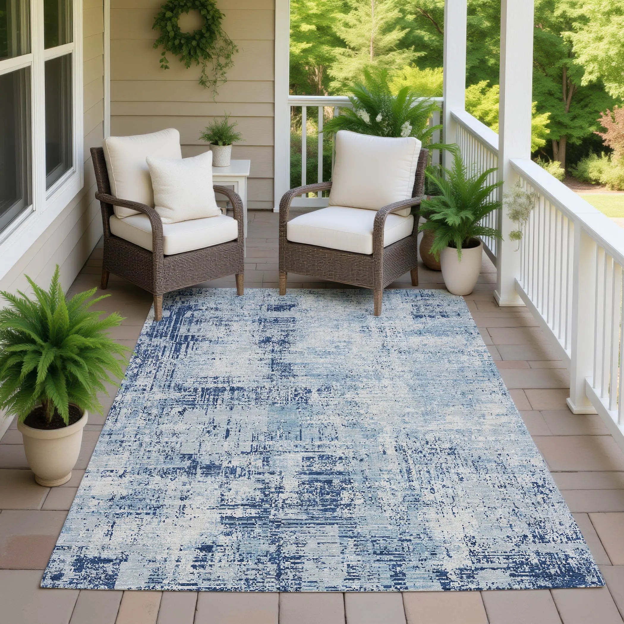 10' X 14' Blue And Wheat Abstract Washable Indoor Outdoor Area Rug Homeroots Outdoor